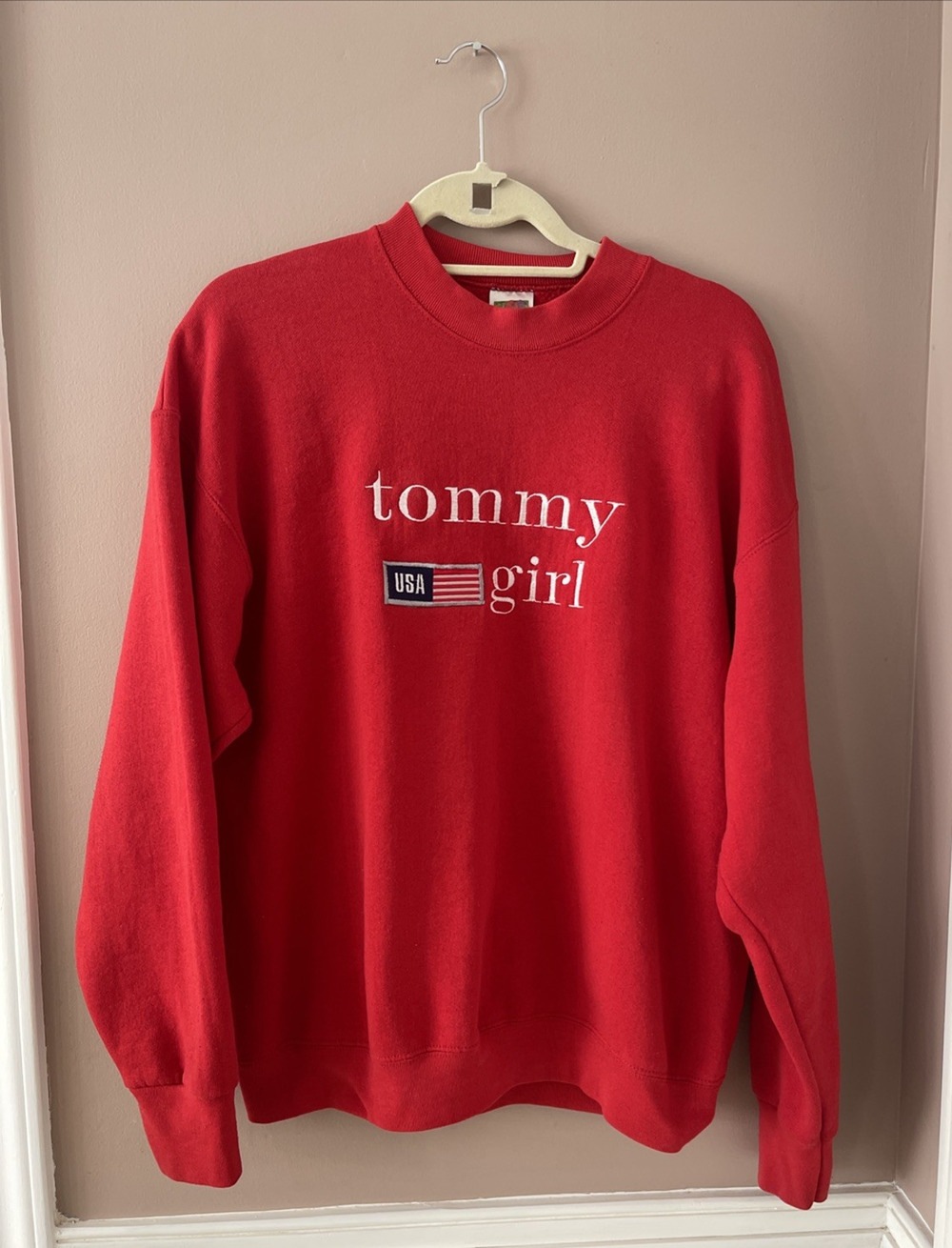 Tommy Hilfiger Sweatshirt Womens L Red Crewneck Tommy Girl Vintage 90's USA READ